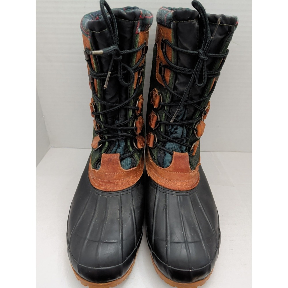 Vtg Eddie Bauer Insulated Duck Boots Men 11 Green Plaid Suede Utility Chore Barn - Picture 2 of 10